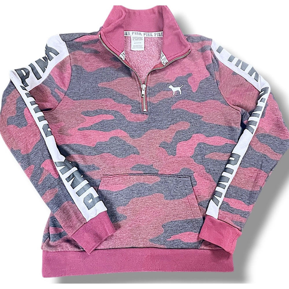 Victoria's Secret PINK Camo Quarter Zip Pullover Sweatshirt XS Cozy Burgundy